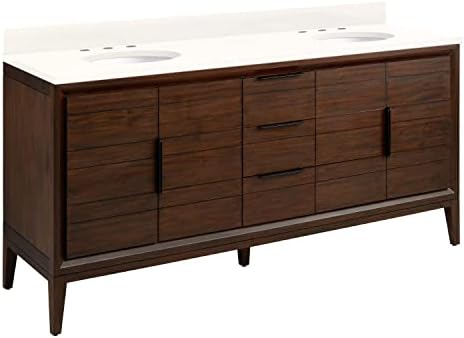 Signature Hardware 482518 Aliso 72" Free Standing Double Basin Vanity Set with Teak Cabinet, Vanity Top, and Oval Porcelain Undermount Sink - Java/Arctic White