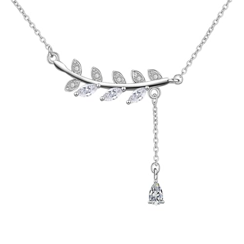 Grewod Collares Boda Mujer Oro Blanco 9 Kilates Diamante Laboratorio Blanco Marquesa Hojas con Cadena de Borlas Colgante con Cadena 40+5 cm