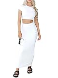 Lybiogs Two Piece Skirt Set for Women 2 PC Y2K Outfits Short Sleeve Crop Tops Bodycon High Waist Long Maxi Skirts White S