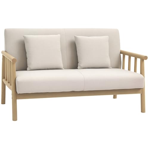 HOMCOM 2 Sitzer Sofa, Couch mit 2 Lendenkissen, Gepolsterter Polstersofa mit Holzrahmen, Leinenoptik, Modern Doppelsofa für kleine Räume, Wohnzimmer, Schlafzimmer, Beige