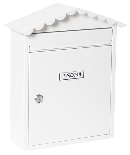 ARREGUI Visit E5741 Briefkasten aus Verzinktem Stahl, Größe M (DIN A4 Post), Wandbriefkasten für den Außenbereich, Postkasten für Draußen mit Namensschild, Einwurfklappe und Schutzdach, Weiß