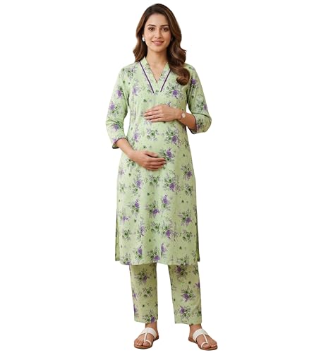 Image of DUMMY SHAPE Maternity Dresses for Women Cotton | Floral Kurta Pant Dupatta Set with Nursing Zippers, Side Pocket | Pre & Post Pregnancy | Feeding Kurti Suit | Baby Shower | Gifts for Pregnant Woman
