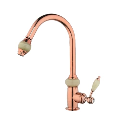 Robinet de lavabo en laiton or rose avec bec pivotant à 360° et poignée en jade