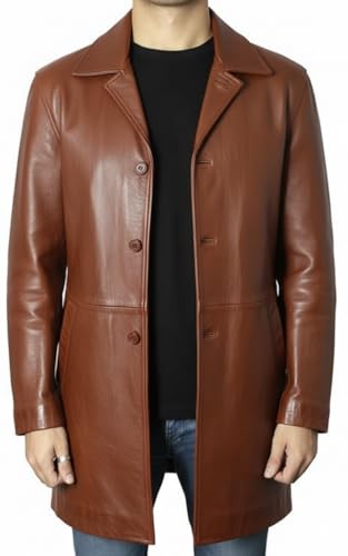 Image of Leather Car Coat For Men 3 /4 Length Mens Leather Jackets - Real Lambskin Long Coat For Men