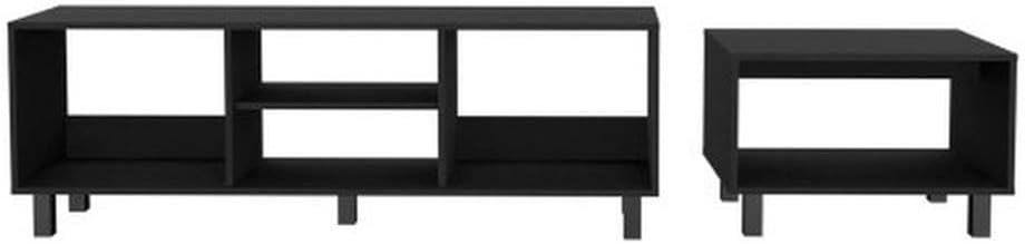 Pemberly Row Contemporary Living Room Set, 2-Piece Black Finish Engineered Wood, Coffee Table with Open Shelf and TV Rack with 4 Shelves, Modern Style Furniture for Media Storage and Decor