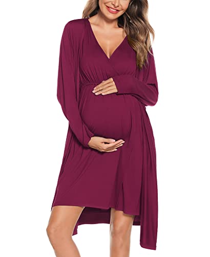 Image of SWOMOG Women Maternity Nursing Gown and Robe Set 3 in 1 Labor Delivery Nursing Nightgown for Breastfeeding Hospital Bathrobe