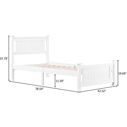 Bonnlo Twin Bed Frames With Headboard For Kids & Adults,Stylish Modern White Wood Bed Single Bed, No Box Spring Needed Panel Bed, Wood Slat Support Mattress Foundation #TOP2