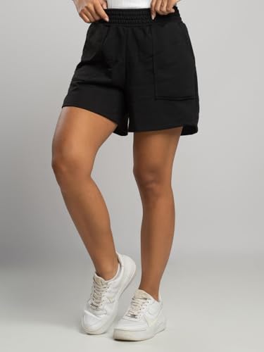 VICBELA Short Curto Moletinho Feminino Cintura Alta com Bolso, Bermuda Feminina Básica Soltinha, Pre