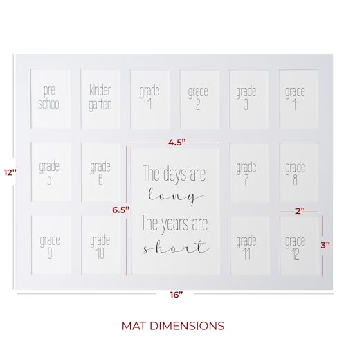 Image of Rustic Red Door Co. 12x16 School Days Picture Frame with Multiple Openings - School Years Photo Collage - The Days Are Long - 1 Pre-School & Kindergarten to 12th Grade (15 Photos, 1PreK-12th, White)