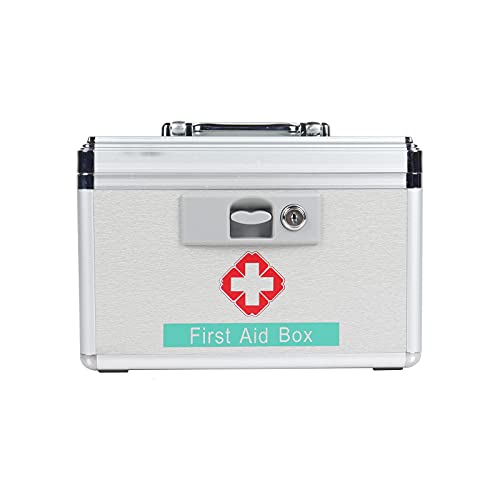 Aluminum First Aid Box, 2 Tier Design Medication Lock Box 12 Inch Home Mmedicine Box with Key Lock
