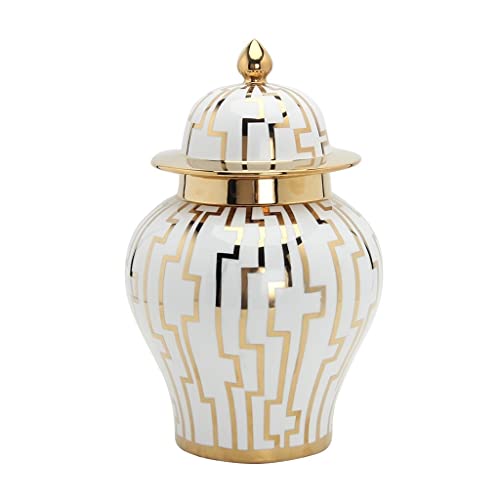 ROBMET Ceramic Geometric Print Ginger Jar with Lid, Traditional Porcelain Decorative Vase, Temple Jar White and Gold (Size : Small)