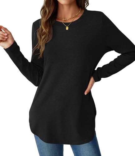 NORACORA Womens Long Sleeve Shirts Loose Tunic Tops Round Neck Lightweight Side Split Casual 2025 Trendy Basic Tshirts Blouse