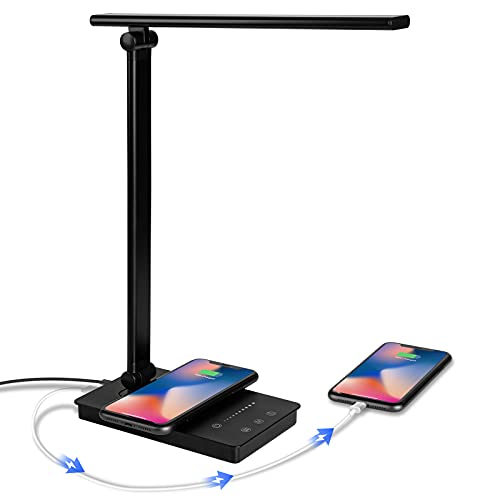 LED Desk Lamp with Wireless Charger USB Charging Port Small Modern Black Table Light for Home Office College Dorm Room Essentials Computer Adjustable Student Study Lamps, Birthday Gift