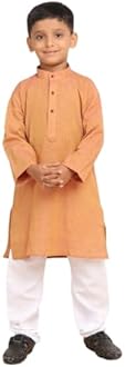 Baba & Baby boys traditional ethnic wear handloom cotton plain gold wooden colour kurta pajama set (Gold Wooden, 6-12 Months)