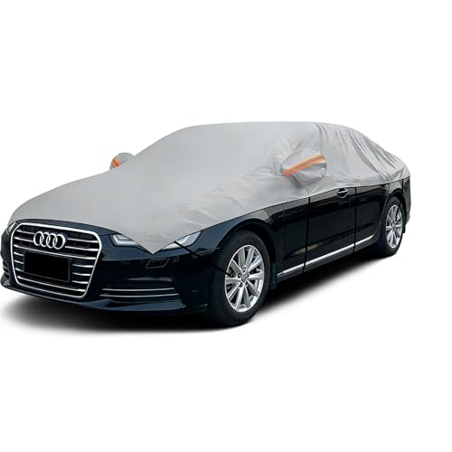 Half Car Cover Top for Large Sedan L UV Protection Roof & Windshield Sun Shade with Cotton Liner Heat Resistant Half Vehicle Cover for Sun Rain Dust and Bird Droppings Fits Most Full Size Sedans