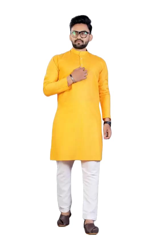 Image of weltpocket Men's Cotton Blend Solid Straight Kurta Pyjama