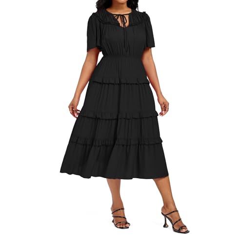 Image of Women's Short Sleeve Summer Boho Pleated Rayon Mid Dresses with Pockets for Wedding Guest