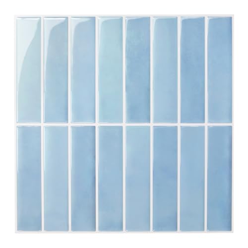 COMSTICKC Azulejos Adhesivos Cocina Azul, 10 Piezas 30.5 x 30.5 cm, Azulejos Autoadhesivos 3D, Baldosas Adhesivas de Vinilo para Salpicadero en Cocina y Baño, Impermeables, Extraíble