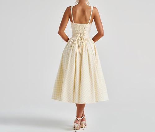 Summer Gingham Long Dress Corset Square Neck Lace Up Casual Sundress Backless A Line Short Dresses for Women3