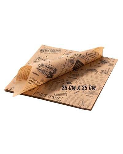FRITZTOWN Deli Paper 25×25 cm 100 Blatt | Unbeschichtetes Einschlagpapier & Burger Papier | Fettabweisendes Food Paper für Burger Pommes Sandwich BBQ & Street Food