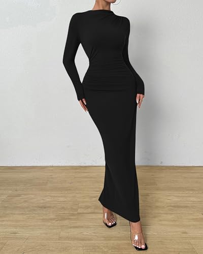 BTFBM Women Bodycon Maxi Dress Long Sleeve Back Slit Ruched Elegant Party Cocktail Formal Fall Wedding Guest Dresses2