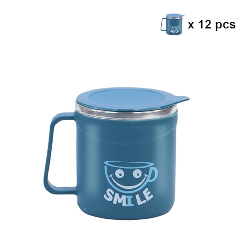 Image of ATTRO Happy Mug Set of 12-Comes with Double Wall Inner Stainless Still & Lid Stylish Cup Ideal for Hot Coffee, Tea - 300ml-Blue