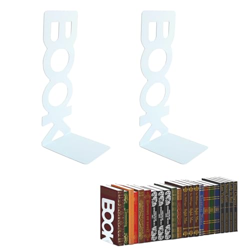 Metal Bookends, 1 Pair White Book Ends, Non Skid Rubber Pad Book End, Desktop Bookshelf, Reading Accessories, Organizer Book Stand for Home, Office, Library