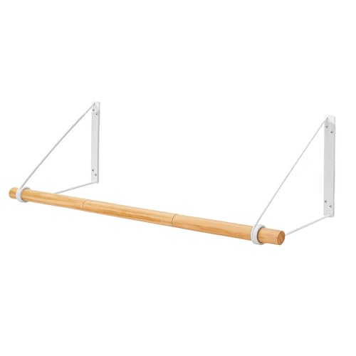 Wall Mounted Clothes Rail 80cm Elegant Wooden Hanging Rail with Steel Farm Wall Coat Hanger Garment Bar Towel Holder Retail Display for Hallway Bedroom Entryway (White+Wood)