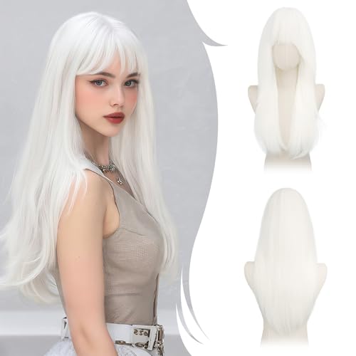 RUWISS Perruque pour Femmes Longue avec Frange, 65cm Naturelle Layered Perruques Raccord Visage Cheveux Synthétiques Naturels Résistantes pour Usage - Blanc
