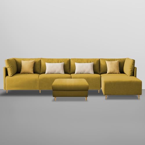 Image of Carina RHS 6 Seater L Shape Sofa Set with Center Table for Living Room (Yellow Fabric) Premium Fabric Sofa