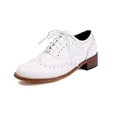 ATBELL Women's White Vintage Flat Oxford Chunky Heels Lace-Up Comfort Classic Dress Shoes in Size 9