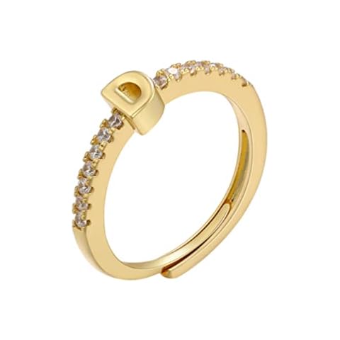 PAMTIER Initial Ring for Women Girls Adjustable Stackable Letter Rings with with Cubic Zirconia Alphabet Gold D Cover