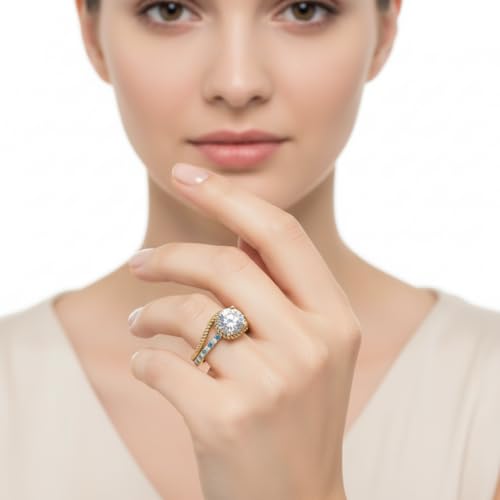 Image of Choose Your Gemstone Rope Split Shank Diamond CZ Ring Yellow Gold Plated Round Shape Split Shank Engagement Ring Minimal Modern Design Birthday Gift Wedding Gift US Size 4 to 12