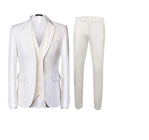 3 PC Regular Fit Peak Solapa Hombres Trajes Dos Botones Boda Tuxedos Padrinos Traje De Negocios, Blanco crema., 102 thumbnail