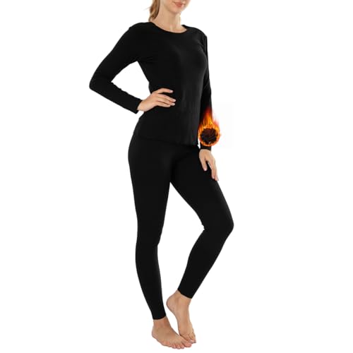 MANCYFIT Thermal Underwear for Women Long Johns Set Fleece Lined Ultra Soft (Black, Medium (US 8-10))