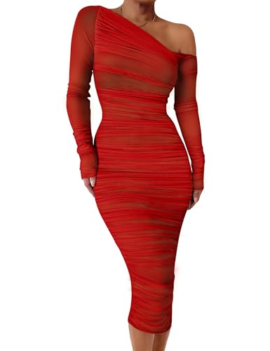 GOKATOSAU Women's Elegant Long Sleeve One Off Shoulder Mesh Full Ruched Bodycon Midi Dress Red