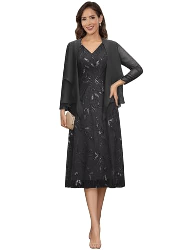 Image of 2 Pieces Mother of Bride Dresses with Jackets - Sequin Lace Chiffon A-Line Tea Length Formal Evening Dresses for Women