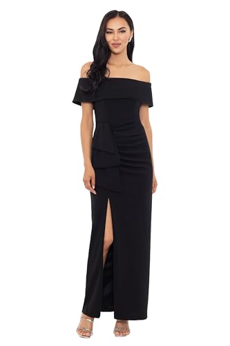 Image of Xscape Women's Off Shoulder Straight Neck Evening Gown with Foldover Cuff, Side Ruffle, Leg Slit, Fitted Formal Dress