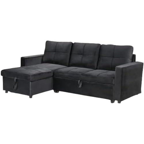 IBERA HOME Sofá Cama Chaise Longue PAU, 215x135cm - Diseño Moderno, Almacenamiento - Color Negro Terciopelo