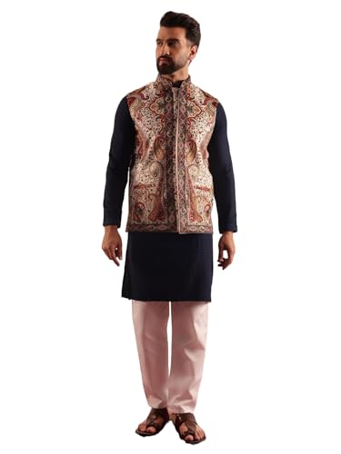 Kurta homme coton bleu marine et pyjama blanc avec motif cachemire traditionnel