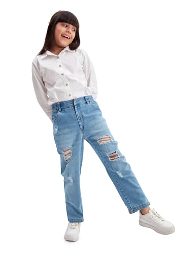 Image of olele Girls Super Jeans Collection for 4-14 Yrs | Stretchable Cotton Denim Trousers | Blue Jeans for Kids | Baggy Denim Pants | Cargo Pants for Girls