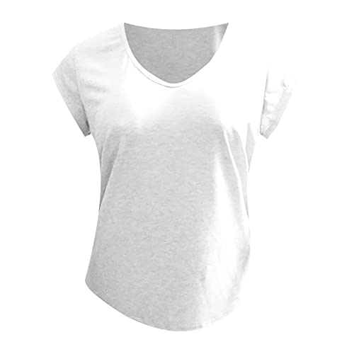 Appoi V-Neck Shirts For Women Casual Summer Cap Sleeve Tops Loose Fitting Solid Color Tunic Tee White #TOP2