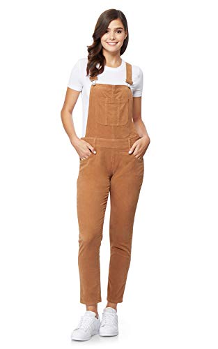 WallFlower Women's Juniors Stretch Corduroy Overalls in Latte, Large