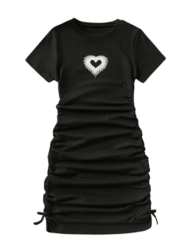 OYOANGLE Girl's Heart Print Short Sleeve Ruched Dress Crew Neck Drawstring Bodycon Casual Dresses