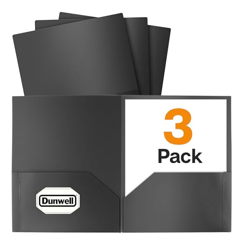 Dunwell Plastic Folders with Pockets (Black, 3 Pack), 2 Pocket Poly Folders for School, Home or Office, Durable Acid-Free Poly, Includes Removable Adhesive Labels