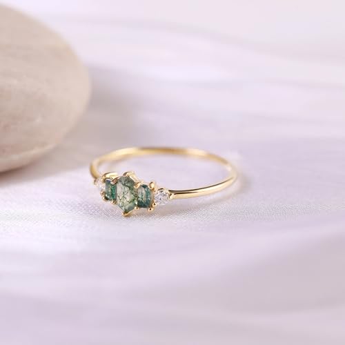 Raw Moss Agate Engagement Ring with CZ Accents, Hexagon & Baguette Cut Green Gemstones, Dainty Solitaire Ring, July Birthstone Promise Ring for Her4
