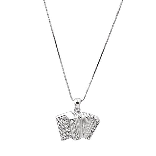 Spinningdaisy Various Crystal Musical Instrument Necklace (Accordion 1" Tall Silver Plated)