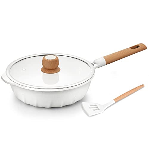 Nonstick Frying Pan Induction SautÃƒ© Pan 100% PFOA Free Stir Fry Pan with Lid 9.5 Inch – White