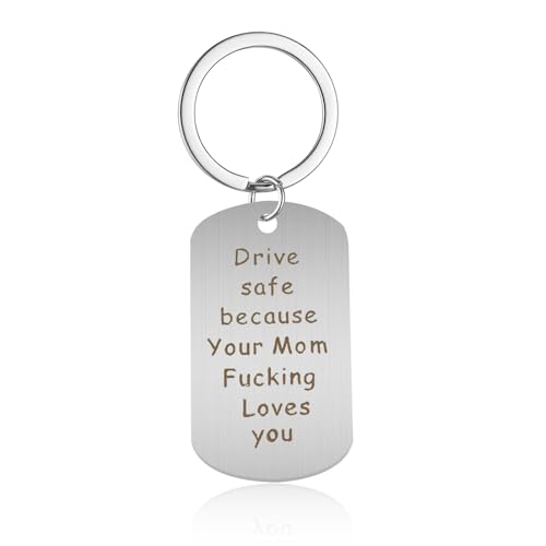 UAIAGM Drive Safe Keychain Proud of You Daughter Son Present Mom's Love Keychain New Driver Present Keychain for Safe Driving Present for Mom Key Chains for Son Your Mom Fucking Loves You (Silvery)