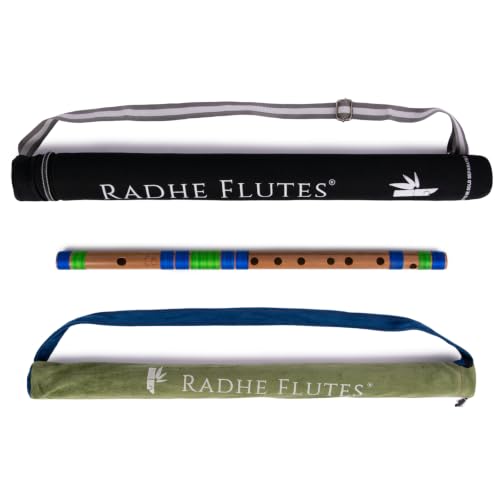 Image of Radhe Flutes Bamboo Bansuri C Sharp Right Handed Middle Octave (18 inch) With Hard Cover (Beige Flute With Blue & Green Threads)